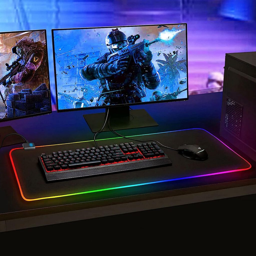 Gaming Mouse Mat RGB Mouse Mat 800 x 300 mm XXL Gaming Mouse Mat Large with 14 Lighting Modes 7 LED Colours Waterproof Non-Slip for Computer PC Professional Gamers Black