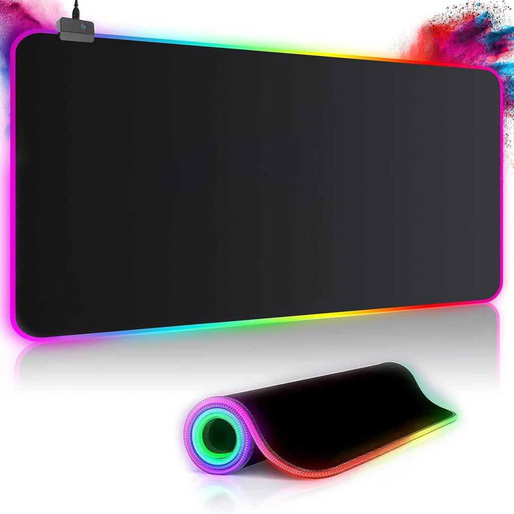 Gaming Mouse Mat RGB Mouse Mat 800 x 300 mm XXL Gaming Mouse Mat Large with 14 Lighting Modes 7 LED Colours Waterproof Non-Slip for Computer PC Professional Gamers Black