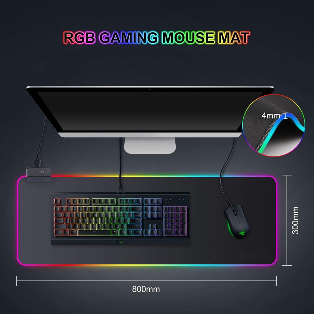 Gaming Mouse Mat RGB Mouse Mat 800 x 300 mm XXL Gaming Mouse Mat Large with 14 Lighting Modes 7 LED Colours Waterproof Non-Slip for Computer PC Professional Gamers Black