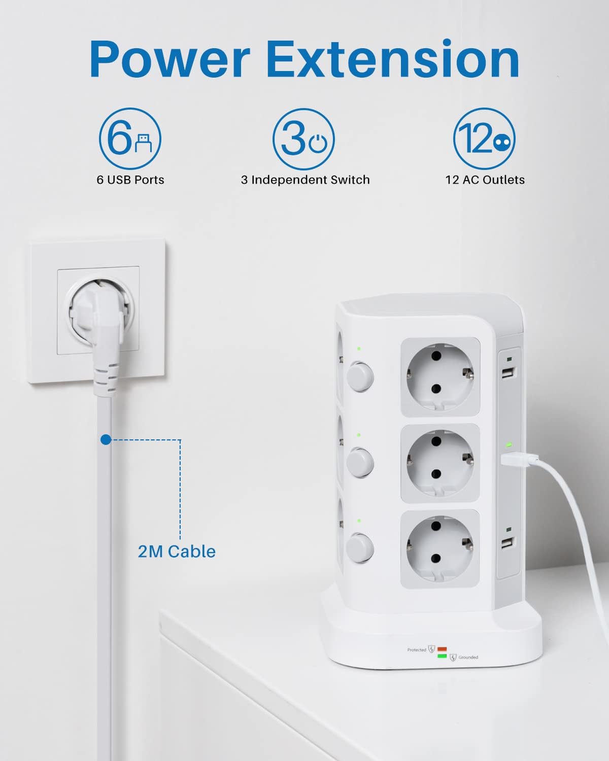 KOOSLA 12-fach Steckdosenleiste (4000 W/16 A), 6 USB-Mehrfachsteckdosen mit Überspannungsschutz, einzeln schaltbarer Steckdosen-Turm für Büro, Küche, Tisch, 2 m Kabel, weiß – Review