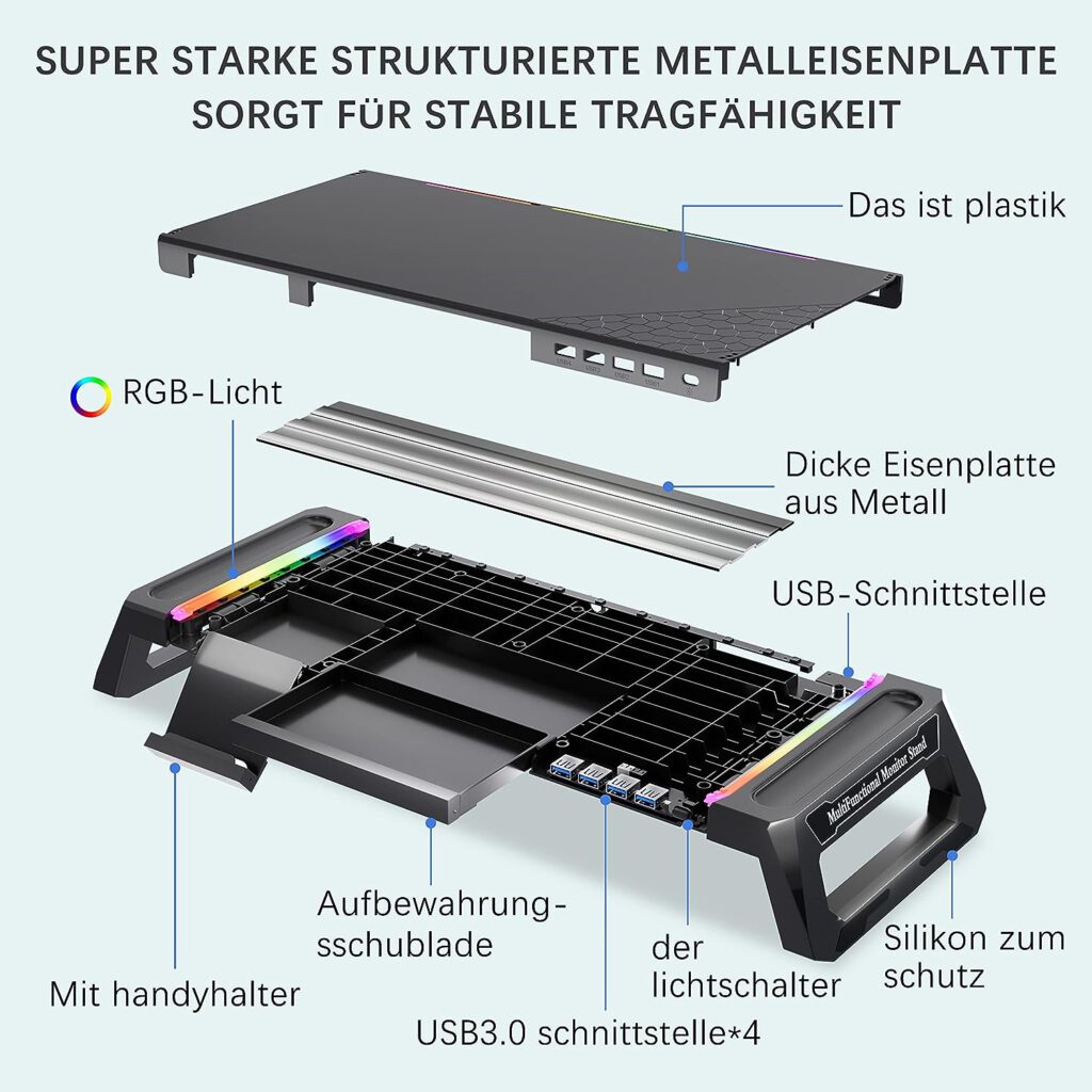 MOOJAY Monitor Stand for Desk Gaming with 4 USB 3.0 Hub and RGB Light, Monitor Riser Foldable Computer Screen Riser with Drawer and Pen Tray, for PC/Laptop/iMac, Black