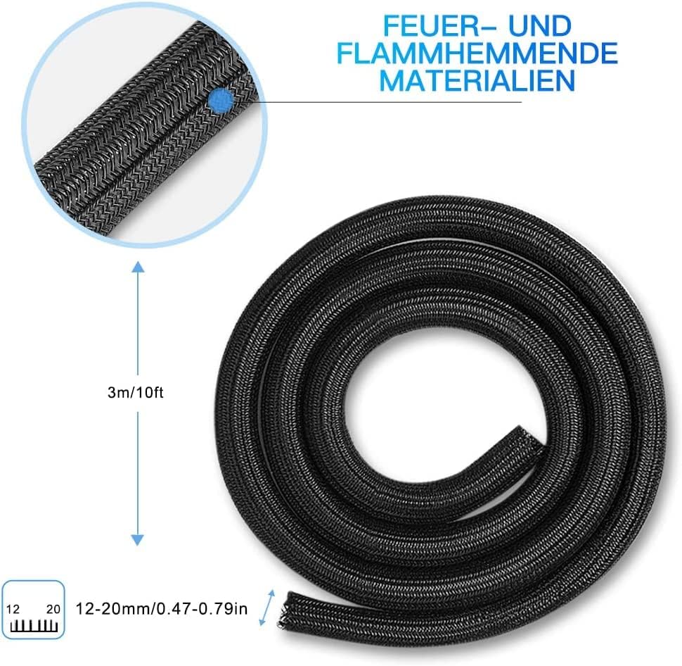 Agptek 3 m Cable Conduit, 12–20 mm Self-Closing Cable Duct, Flexible Woven Cable Sheath, Cable Management for Desk, TV, Computer, PC, Cable Protection for Dogs, Cats, Black