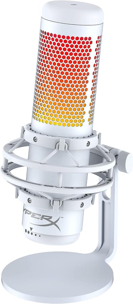 HyperX QuadCast S - RGB USB Condenser Microphone for PC, PS5, Mac, Anti-Vibration Shock Mount, 4 Polar Patterns, Pop Filter, Gain Control, Gaming, Streaming, Podcasts, Twitch, YouTube, Discord - White