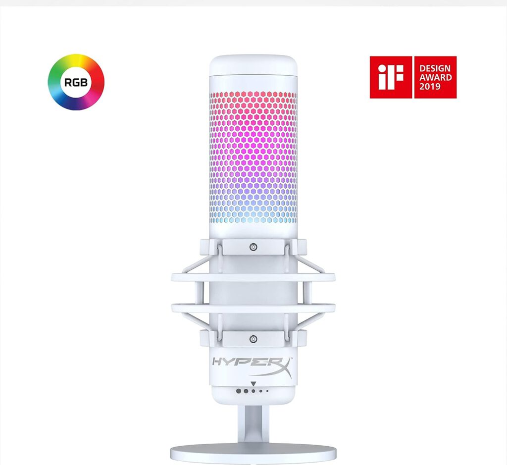 HyperX QuadCast S - RGB USB Condenser Microphone for PC, PS5, Mac, Anti-Vibration Shock Mount, 4 Polar Patterns, Pop Filter, Gain Control, Gaming, Streaming, Podcasts, Twitch, YouTube, Discord - White