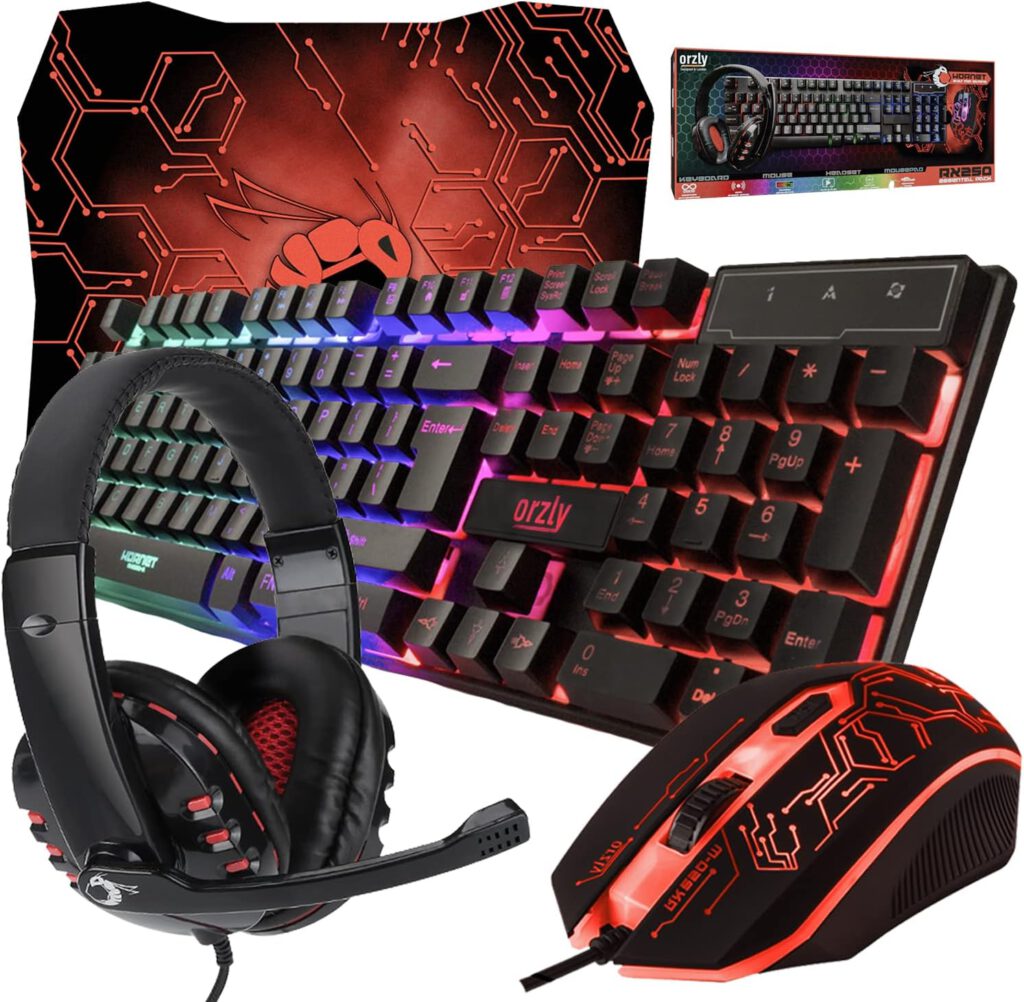 Orzly Keyboard Mouse Set, Gaming, RX250, 4 in 1 PC Pack Combo, RGB Backlight Keyboard, [QWERTZ DE Layout] and Mouse [Up to 3200 DPI], Gaming Headset  Mouse Pad Large - for PC, Xbox, PS4