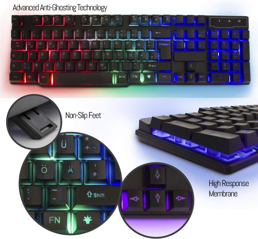 Orzly Keyboard Mouse Set, Gaming, RX250, 4 in 1 PC Pack Combo, RGB Backlight Keyboard, [QWERTZ DE Layout] and Mouse [Up to 3200 DPI], Gaming Headset  Mouse Pad Large - for PC, Xbox, PS4