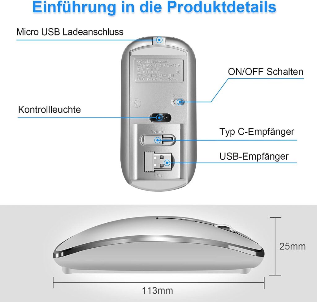 QYFP Wireless Mouse, 2.4 GHz Wireless Mouse with USB/USB-C Two Receivers for Laptop/Desktop/PC, Rechargeable Quiet Mouse Compatible with iPad, MacBook Air/Pro, Mac, Chromebook, Windows, Computer