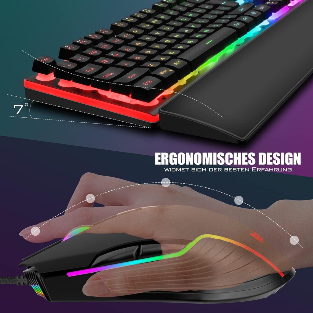 RedThunder K10 Gaming Keyboard and Mouse Set, QWERTZ DE Layout, Metal Plate and Wrist Rest, RGB Backlight and 7D with Ergonomic for PC Gamers (Black)
