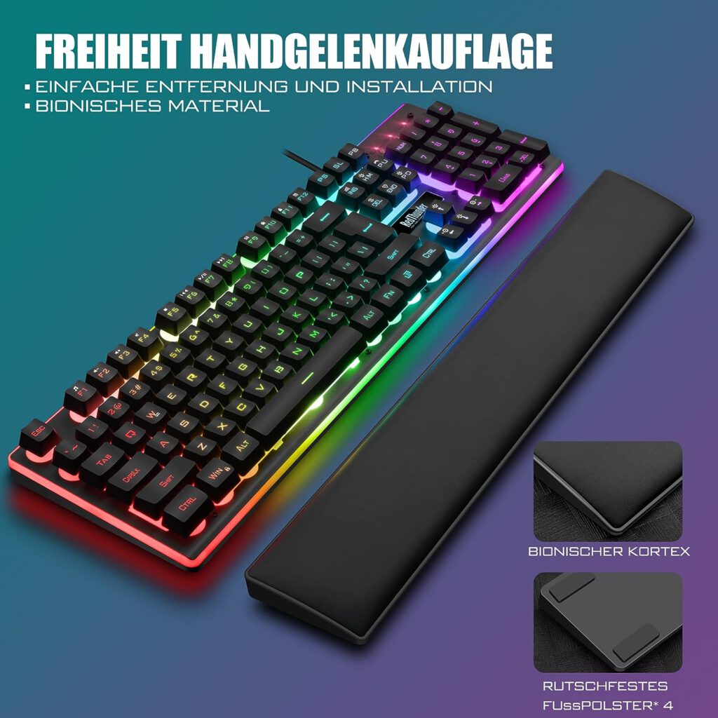 RedThunder K10 Gaming Keyboard and Mouse Set, QWERTZ DE Layout, Metal Plate and Wrist Rest, RGB Backlight and 7D with Ergonomic for PC Gamers (Black)