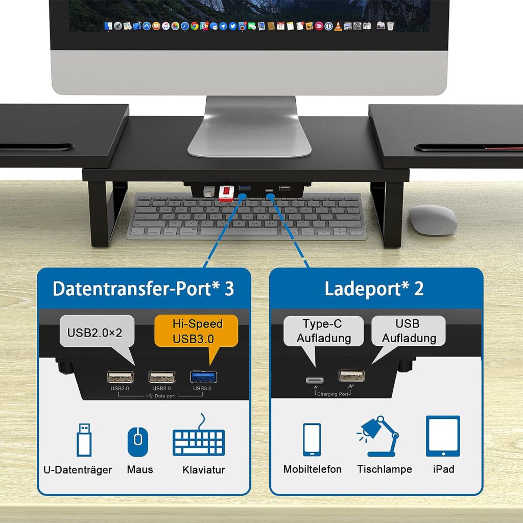 VOOPII Dual Monitor Stand Riser, Monitor Stand with USB 3.0, Screen Riser with Smartphone Holder, Height and Angle Adjustable PC Desk Accessories, Wooden Screen Stand